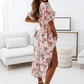 V-Neck Short Sleeves Floral Print Pleated Layered Casual Maxi Dress