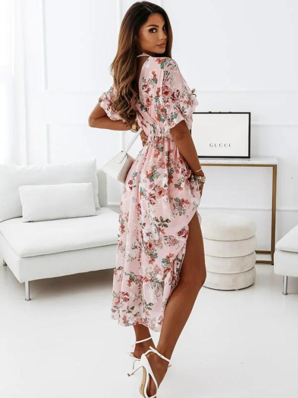 V-Neck Short Sleeves Floral Print Pleated Layered Casual Maxi Dress