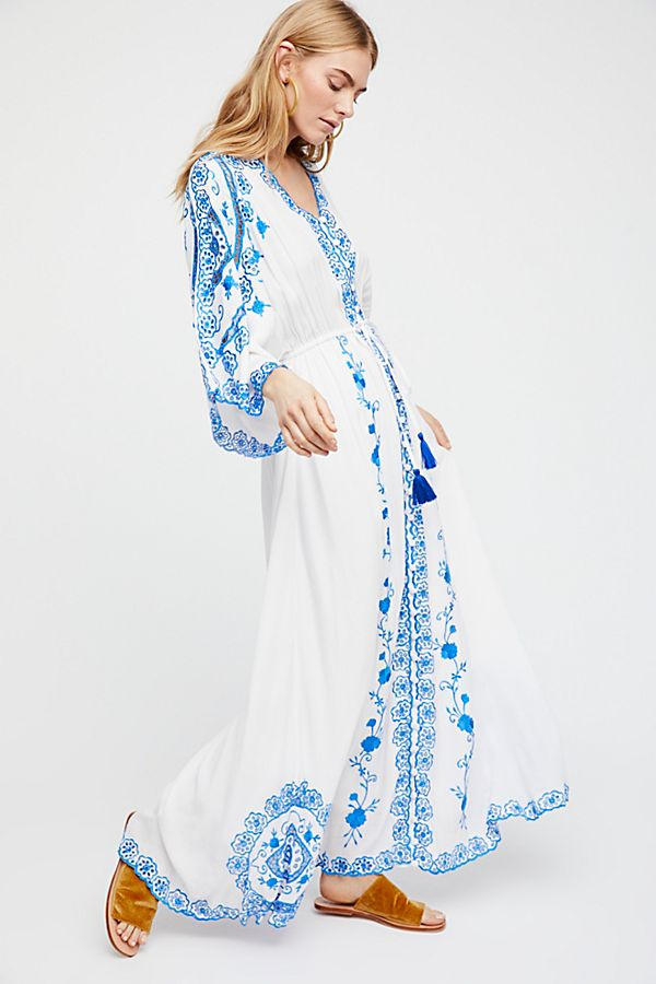 White V-Neck Long Sleeves Embroidered Boho Maxi Dress