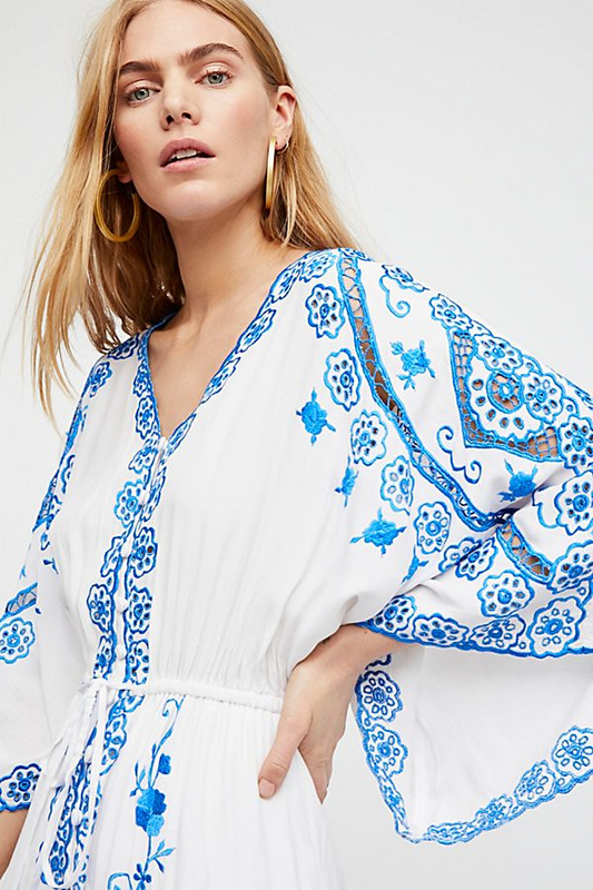 White V-Neck Long Sleeves Embroidered Boho Maxi Dress