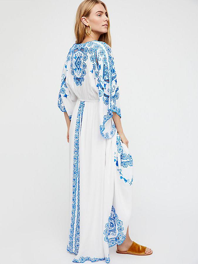 White V-Neck Long Sleeves Embroidered Boho Maxi Dress