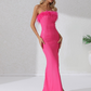 Feather Neck Strapless High-Slit Maxi Party Prom Dress