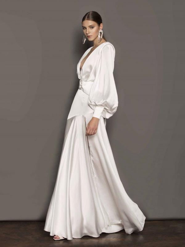 White V-Neck Long Sleeves High-Slit Maxi Party Prom Dress