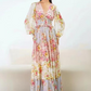 Pink V-Neck Floral Buttons Tiered Long Sleeves Maxi Dress