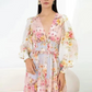 Pink V-Neck Floral Buttons Tiered Long Sleeves Maxi Dress