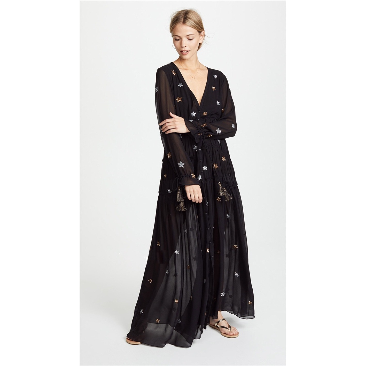 Cotton Deep V-Neck Long Sleeves Bohemian Maxi Beach Dress