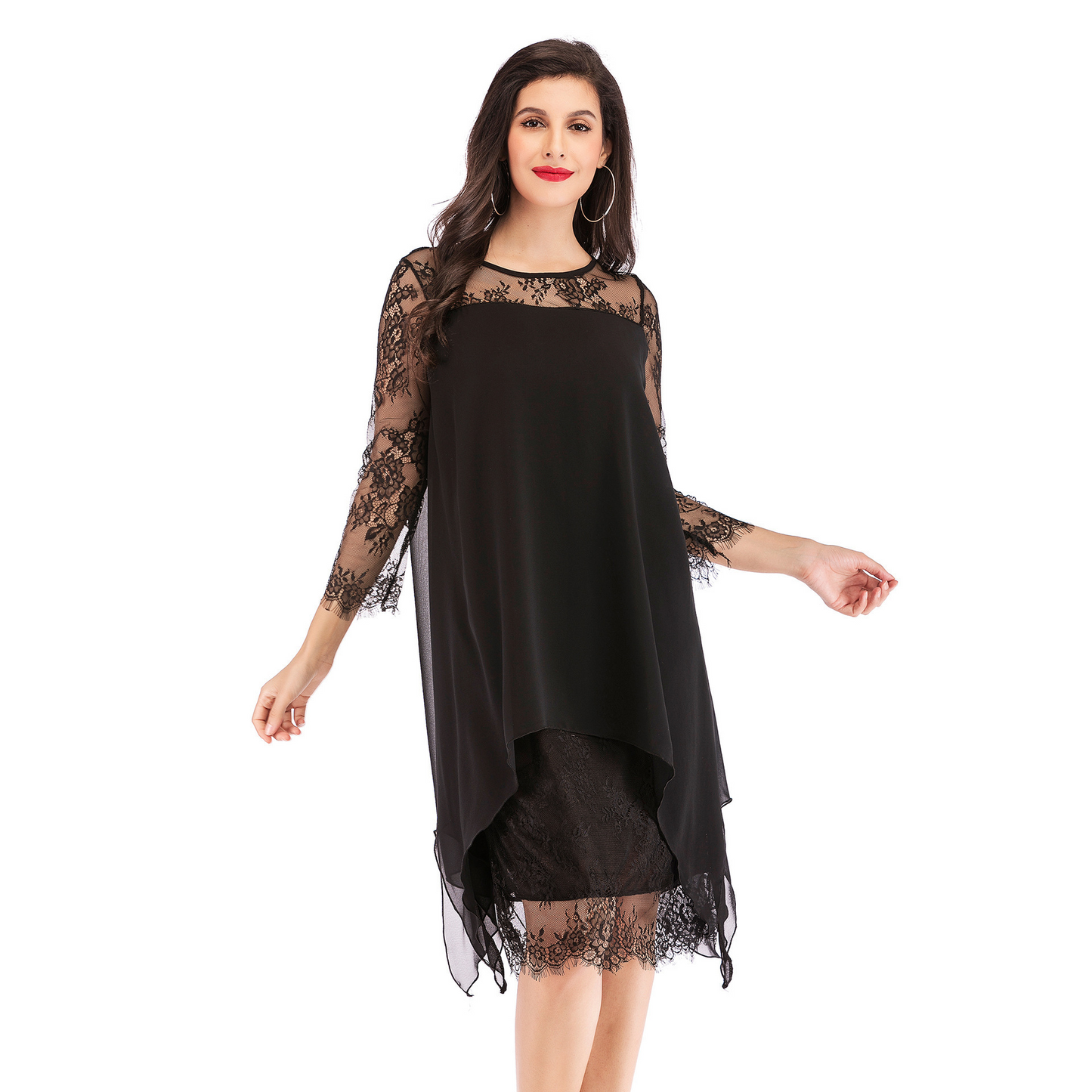 Three Quarter Sleeve Chiffon Overlay Lace Dress