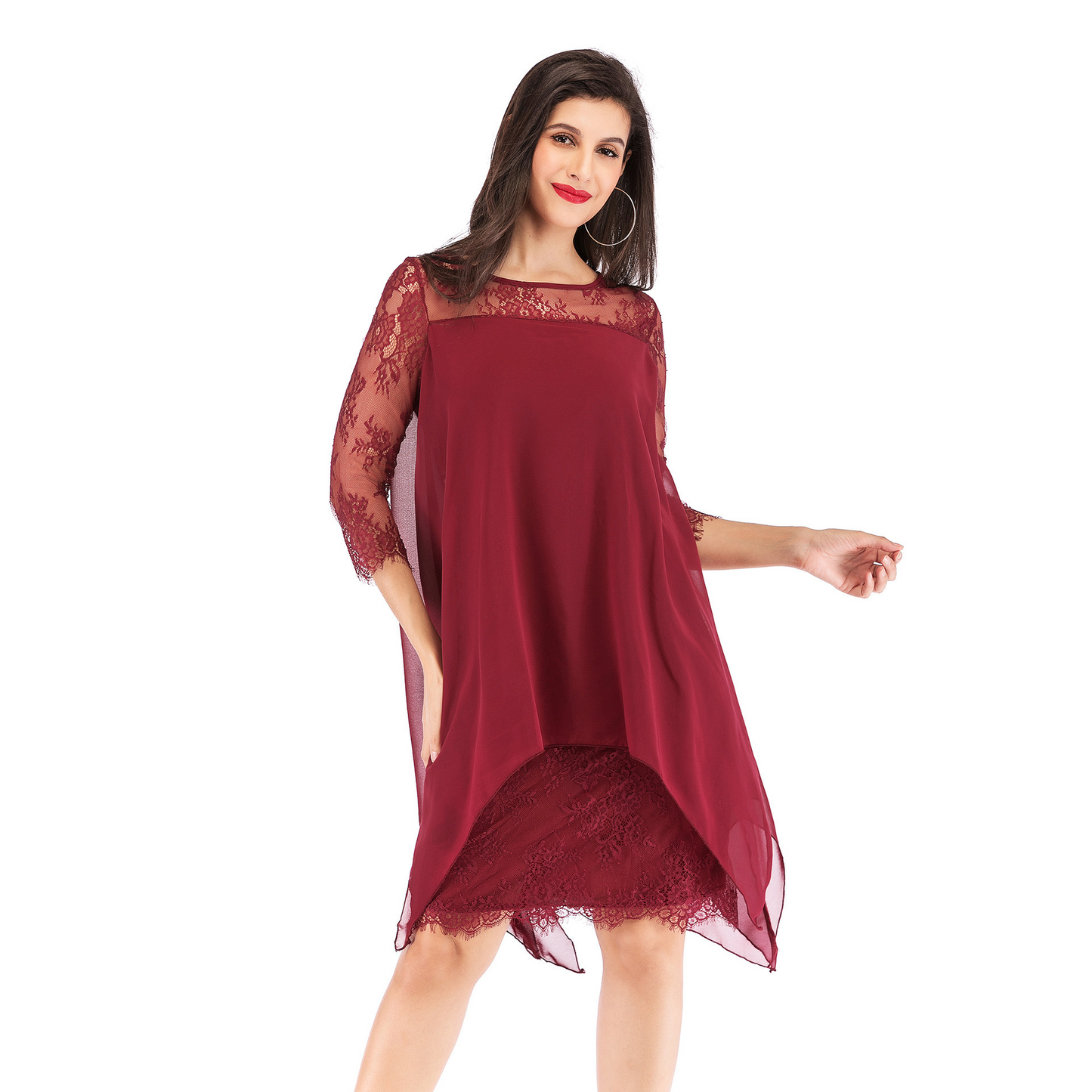 Three Quarter Sleeve Chiffon Overlay Lace Dress