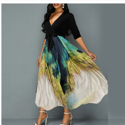 Tie Dye Print Plunging Neck Belted Maxi Dress