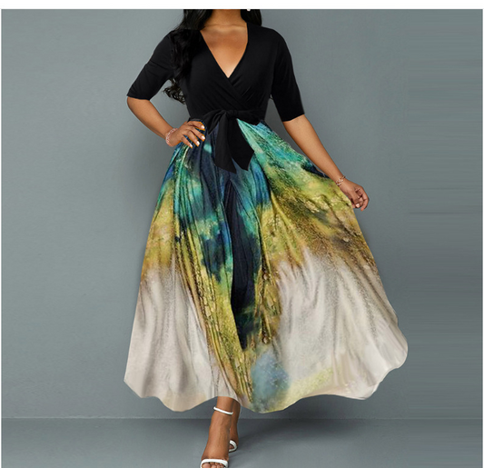 Tie Dye Print Plunging Neck Belted Maxi Dress