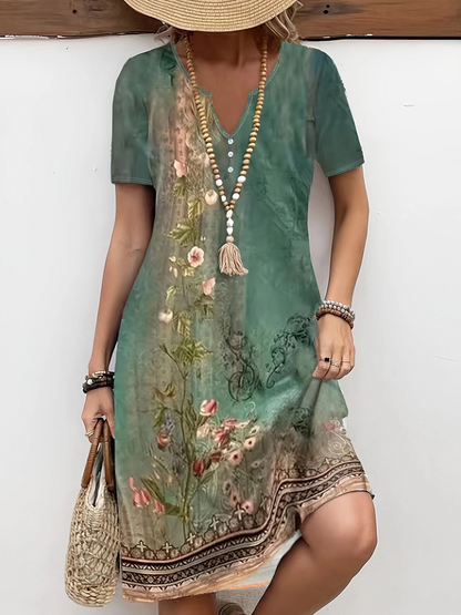 Green Button Floral Print A Line Short Sleeve Dress