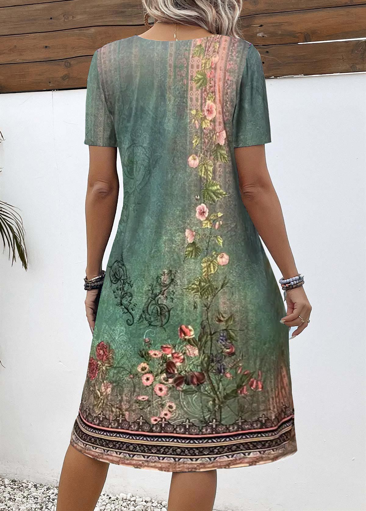 Green Button Floral Print A Line Short Sleeve Dress