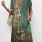 Green Button Floral Print A Line Short Sleeve Dress