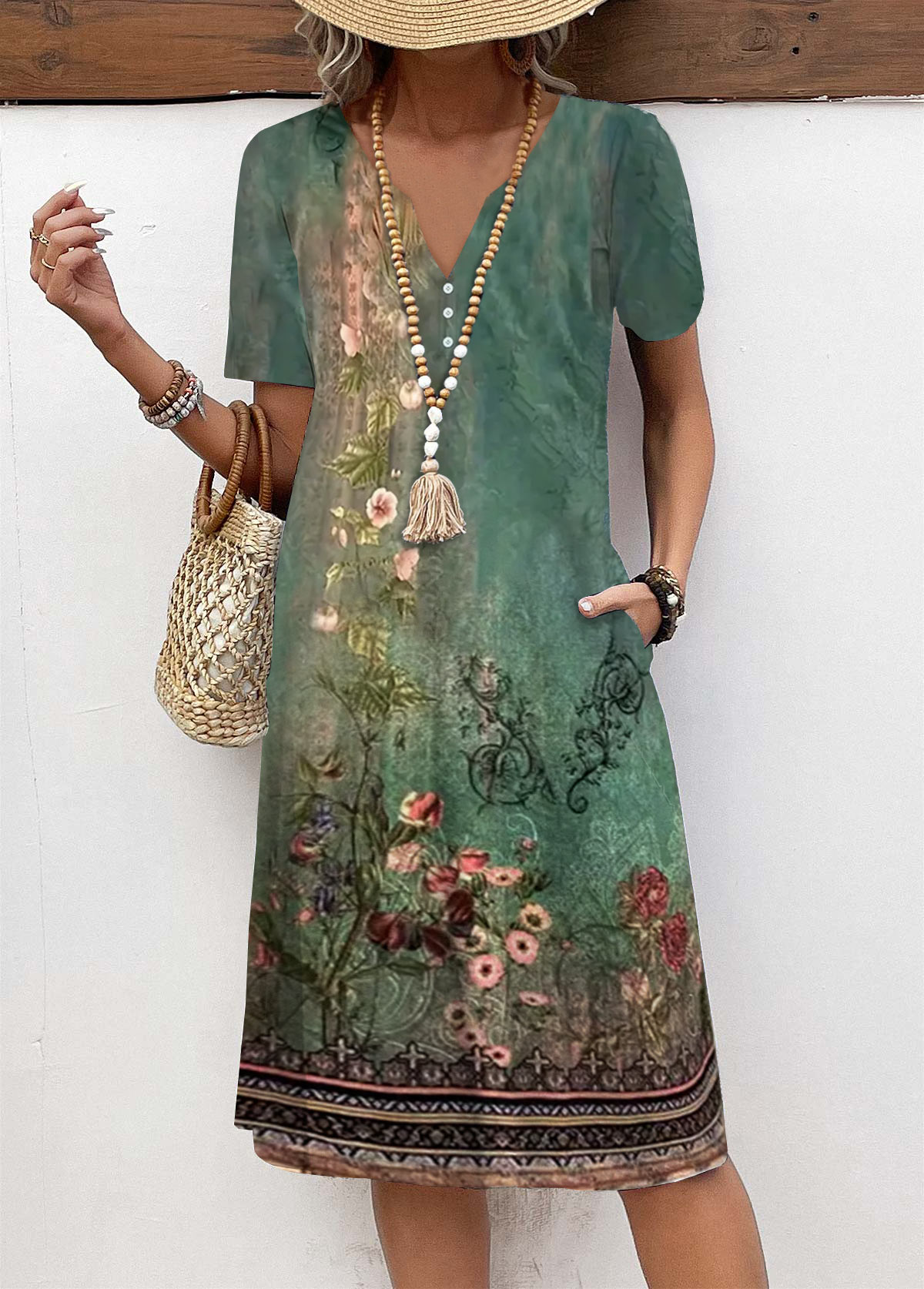 Green Button Floral Print A Line Short Sleeve Dress