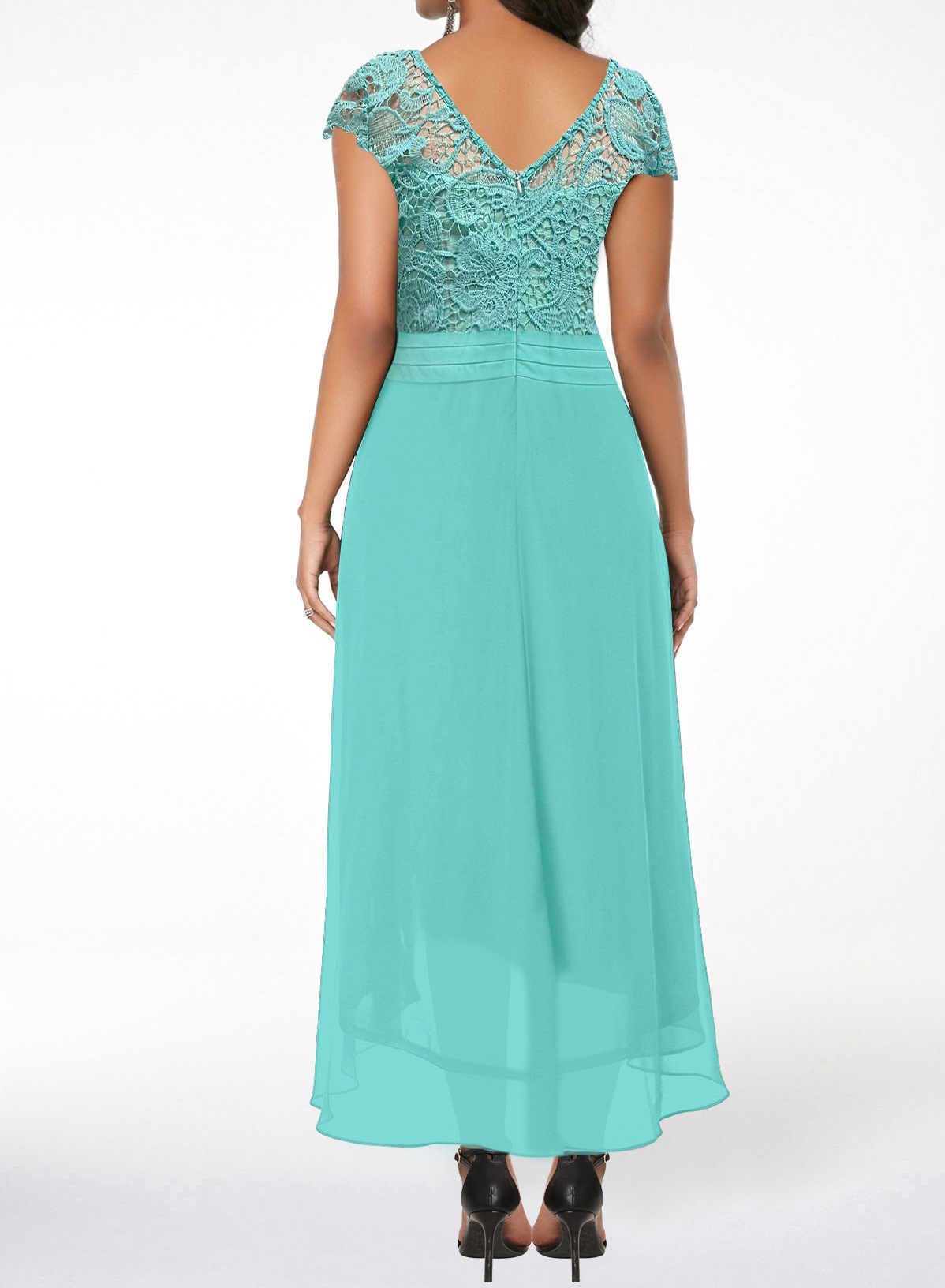 Turquoise Lace High Low Short Sleeve Dress