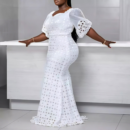 Plus Size Half Sleeve Floor-Length Patchwork Pullover Maxi Dress