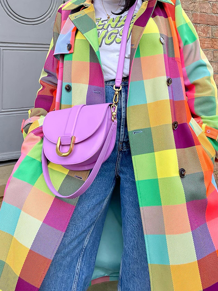 Color Plaid Long Sleeve Trench Coat With Belt