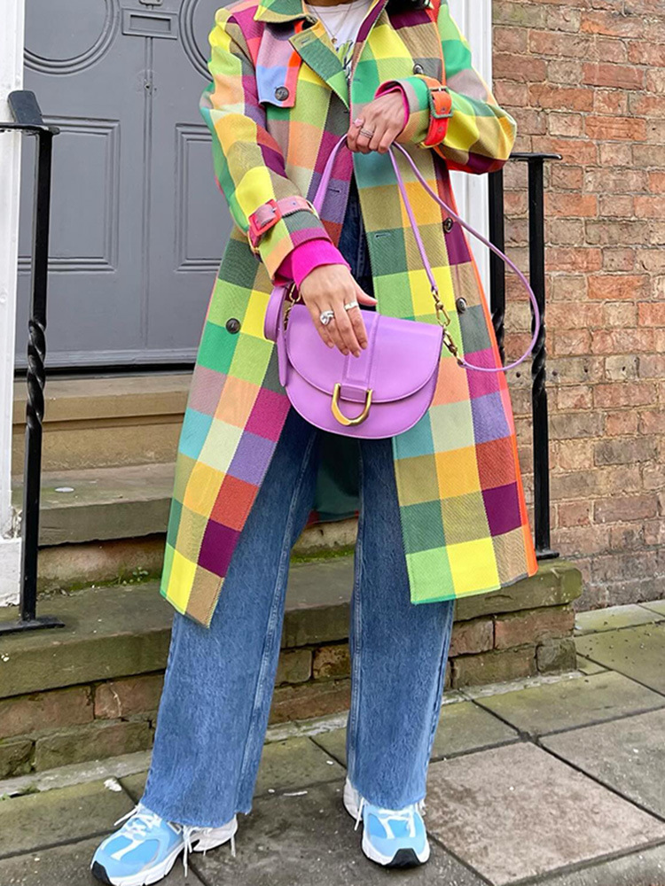 Color Plaid Long Sleeve Trench Coat With Belt