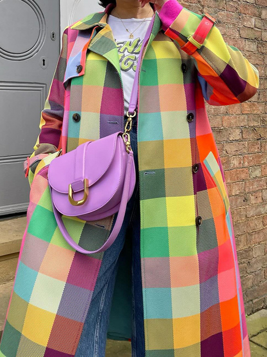 Color Plaid Long Sleeve Trench Coat With Belt