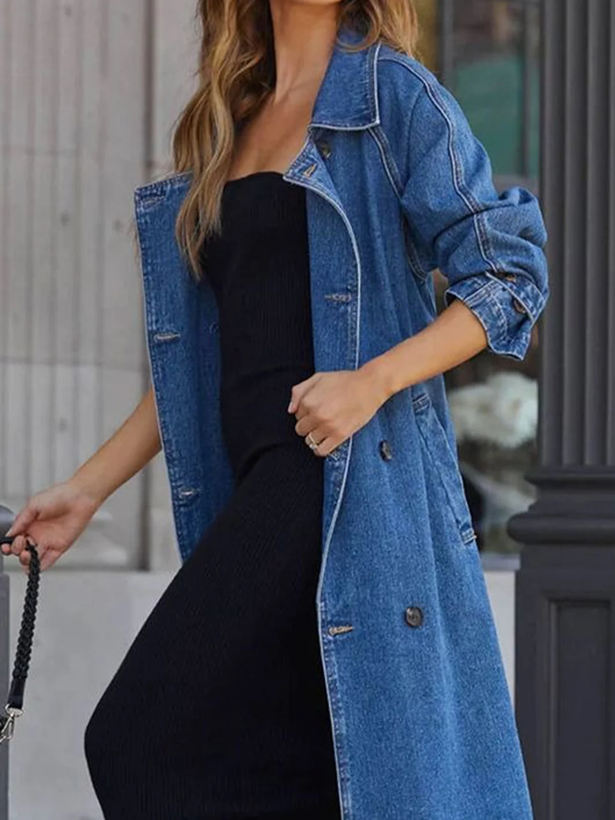 Plain Lapel Collar Denim Coat