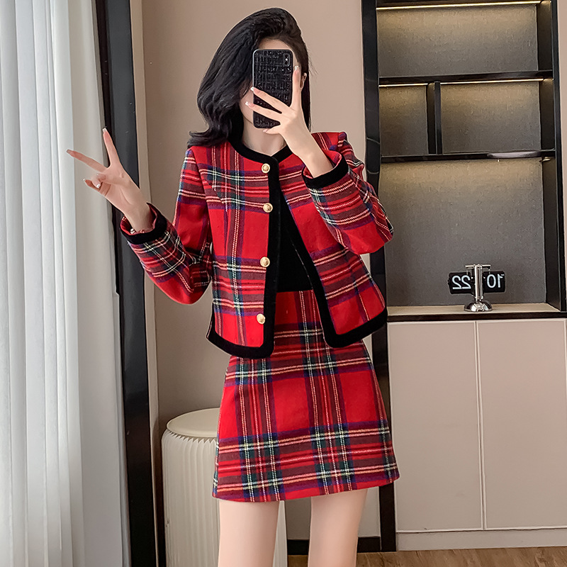 Plaid Crew Neck Two Piece Skirt Set