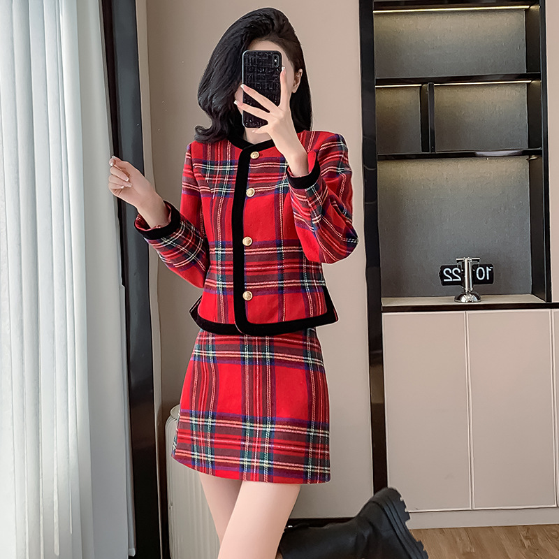 Plaid Crew Neck Two Piece Skirt Set