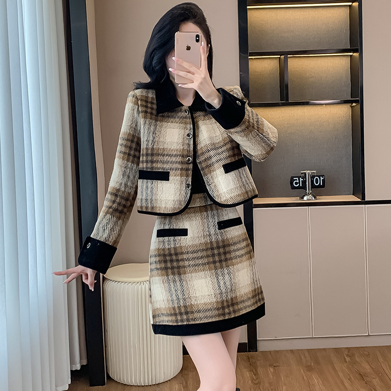 Plaid Buttoned Front Jacket and Skirt Set