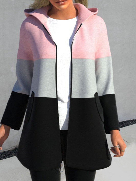 Contrast Color Pink Hooded Long Sleeve Jacket