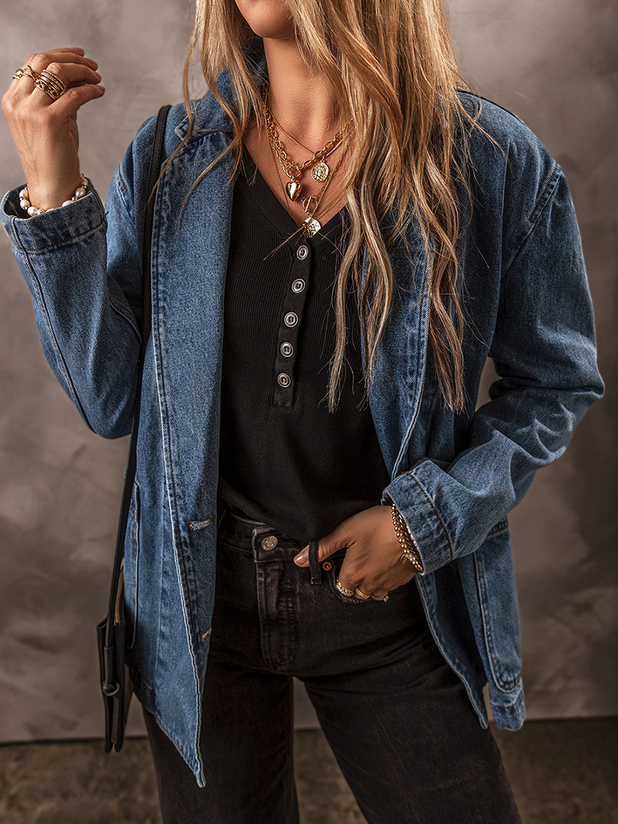 Denim Lapel Long Sleeve Coat