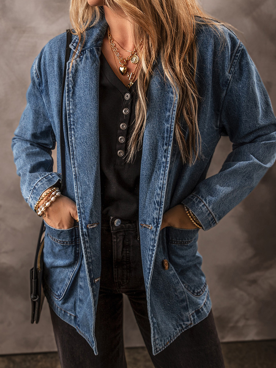 Denim Lapel Long Sleeve Coat