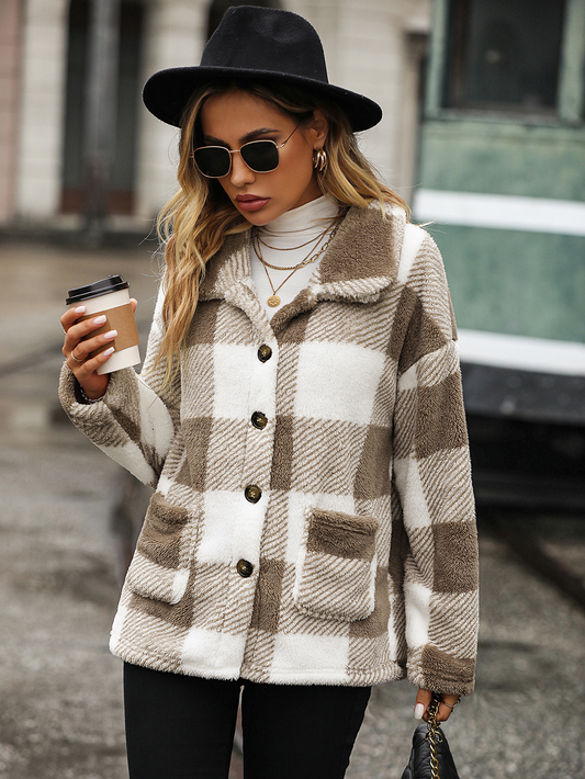 Pocket Plaid Turn Down Collar Coat