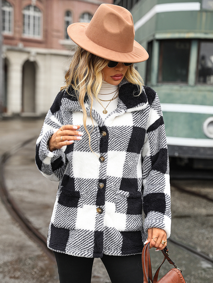 Pocket Plaid Turn Down Collar Coat