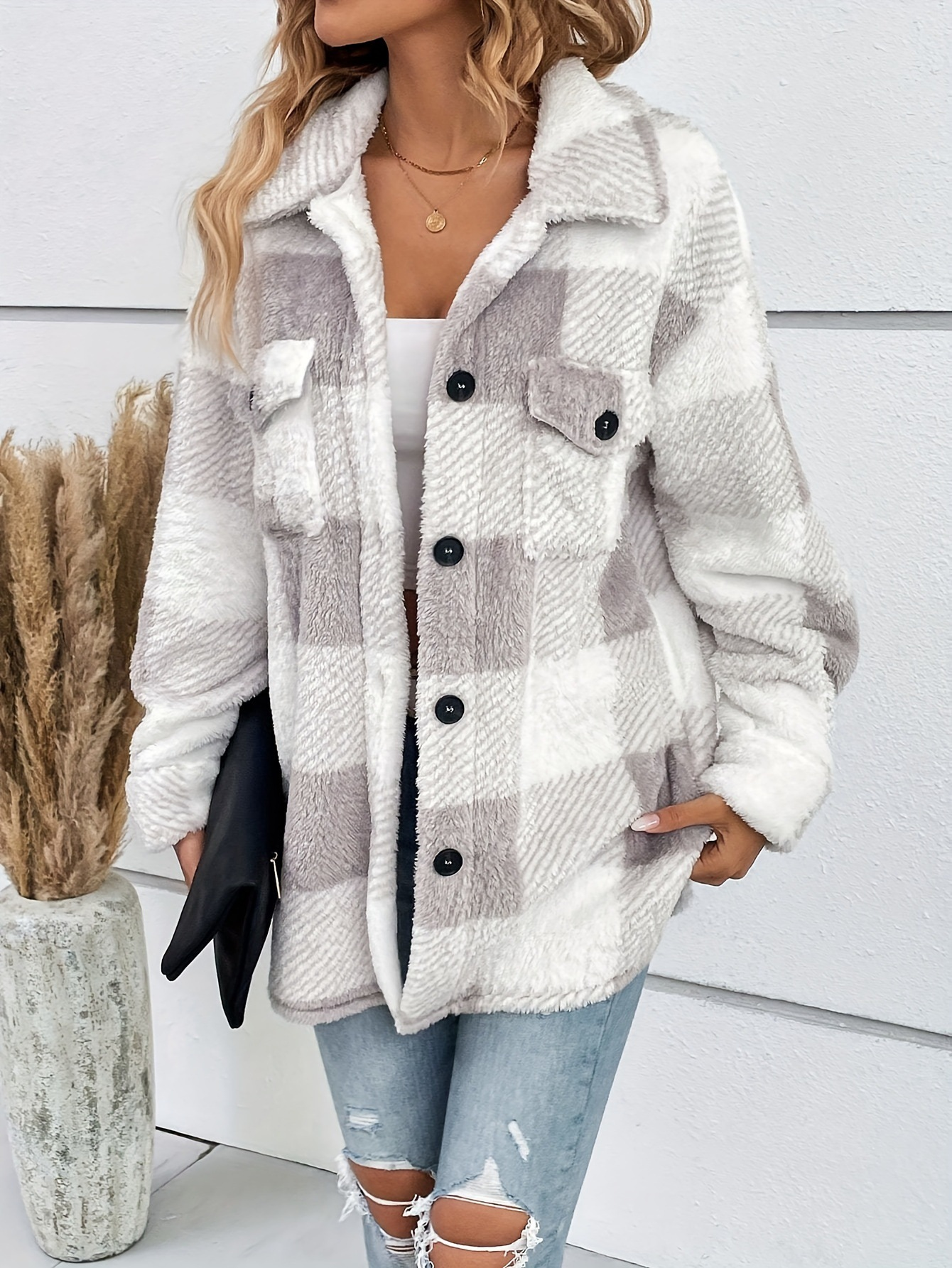 Button Plaid Turn Down Collar Coat