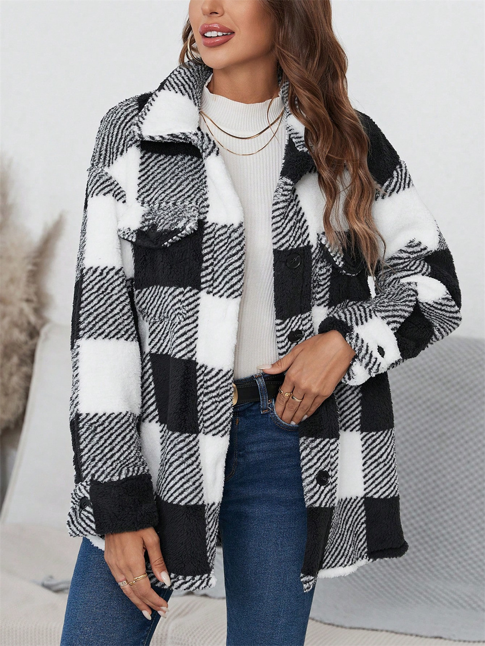 Button Plaid Turn Down Collar Coat