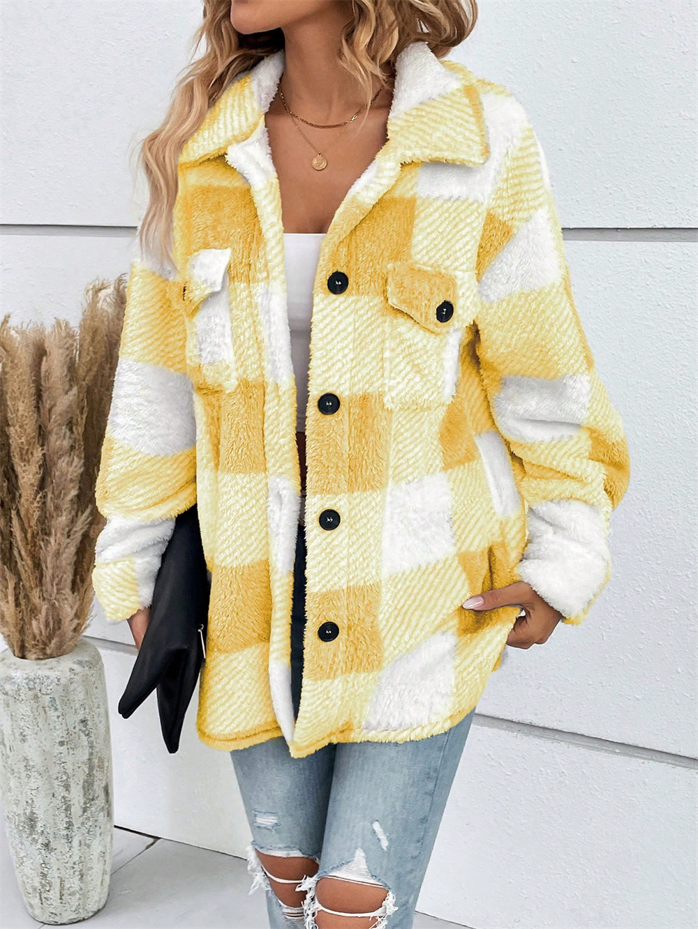 Button Plaid Turn Down Collar Coat