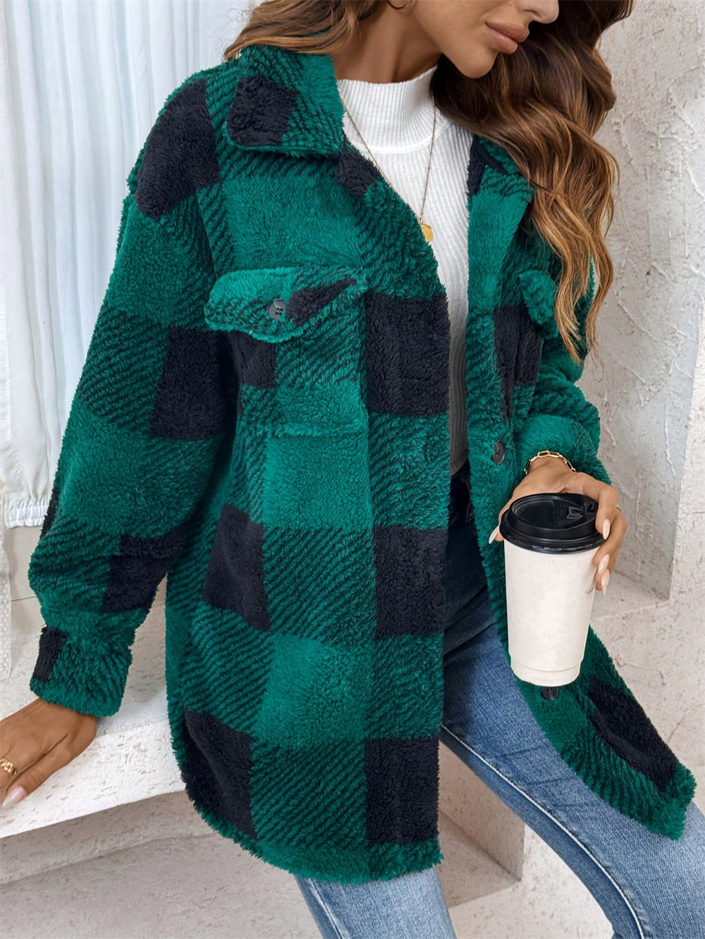 Button Plaid Turn Down Collar Coat