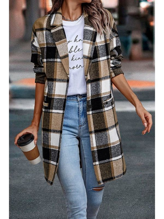 Pocket Plaid Lapel Long Sleeve Coat