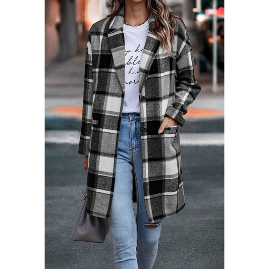 Pocket Plaid Lapel Long Sleeve Coat