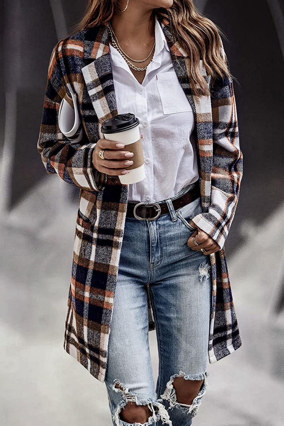 Pocket Plaid Lapel Long Sleeve Coat