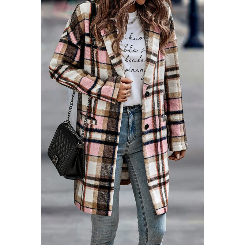 Pocket Plaid Lapel Long Sleeve Coat