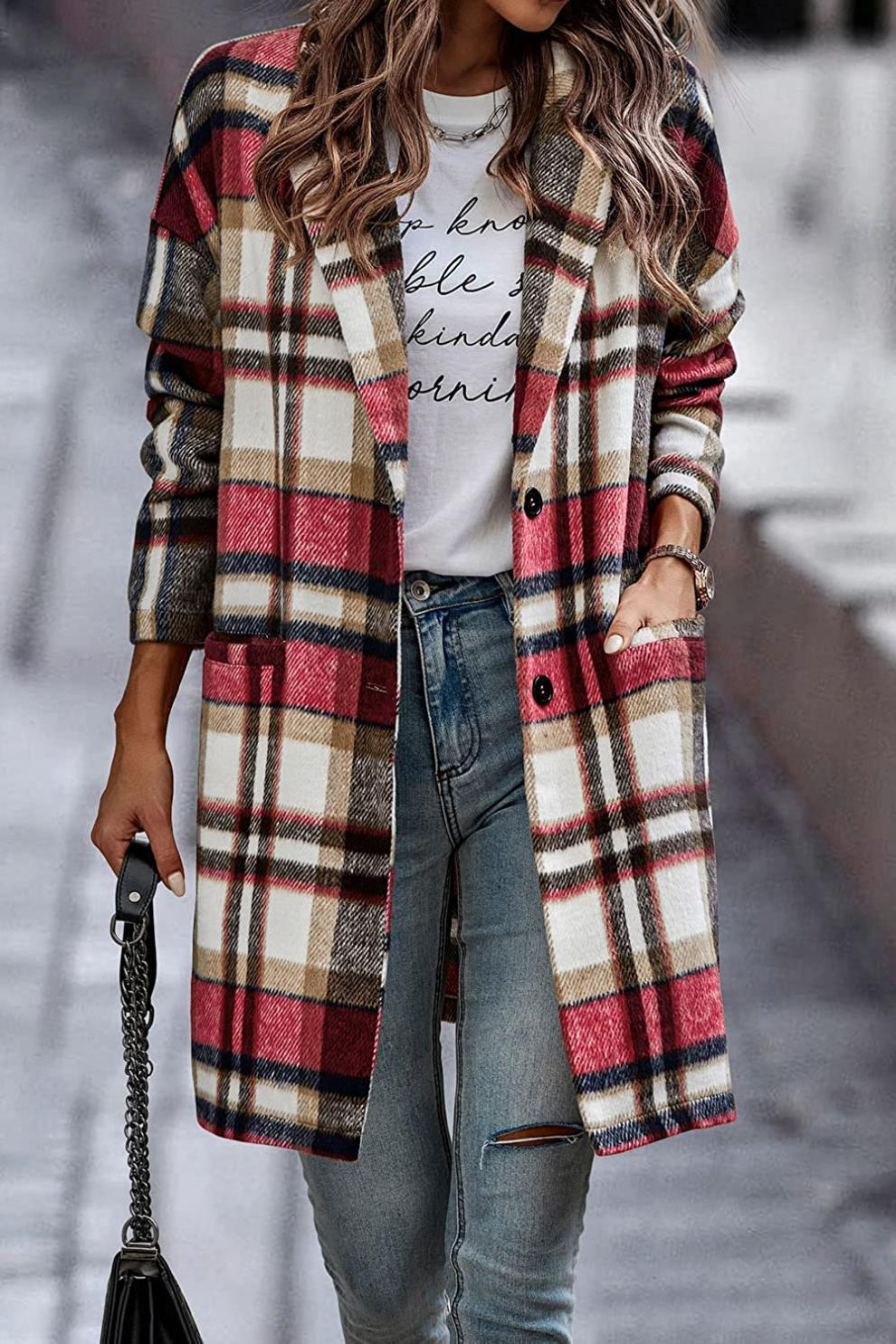 Pocket Plaid Lapel Long Sleeve Coat