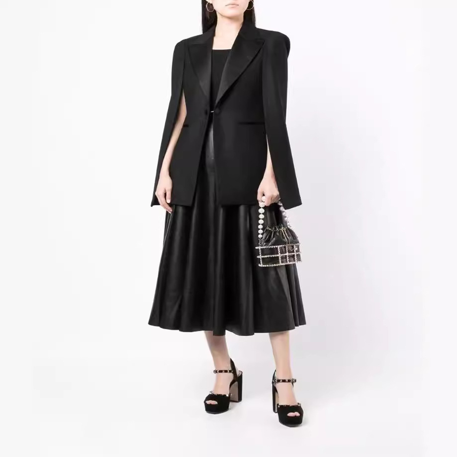 Black Satin Patchwork Cape-Style Long Coat