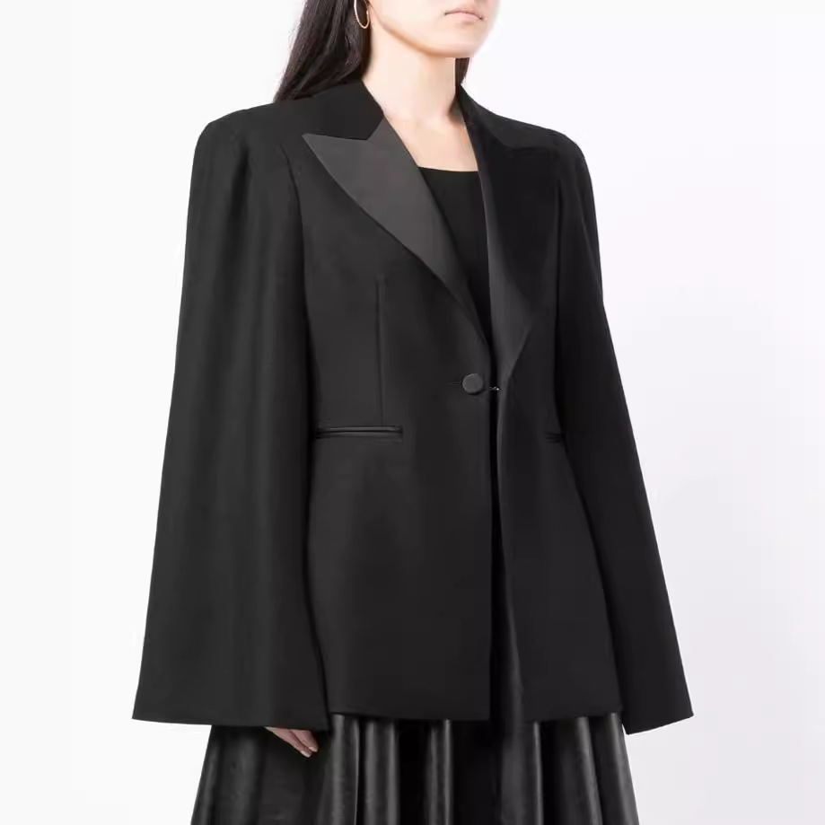 Black Satin Patchwork Cape-Style Long Coat