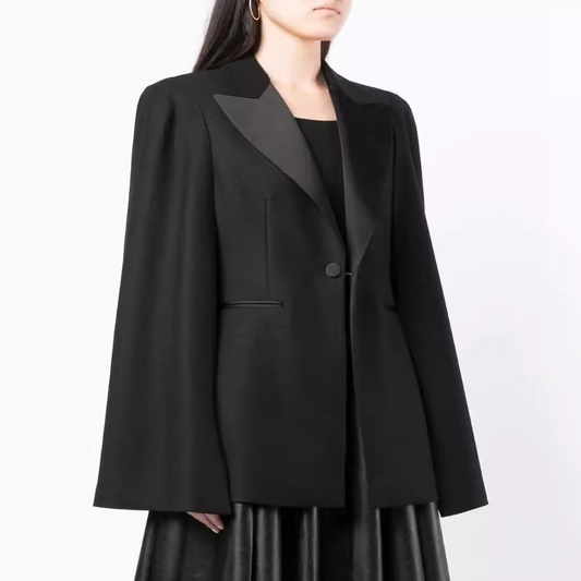 Black Satin Patchwork Cape-Style Long Coat