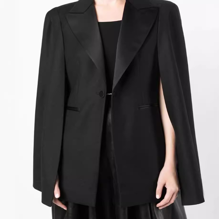 Black Satin Patchwork Cape-Style Long Coat