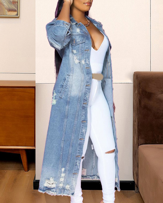 Button Front Longline Denim Coat