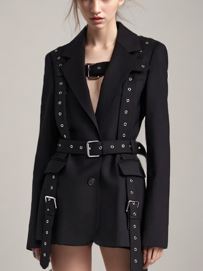 Studded Decorative Belt Waist Blazer Coat