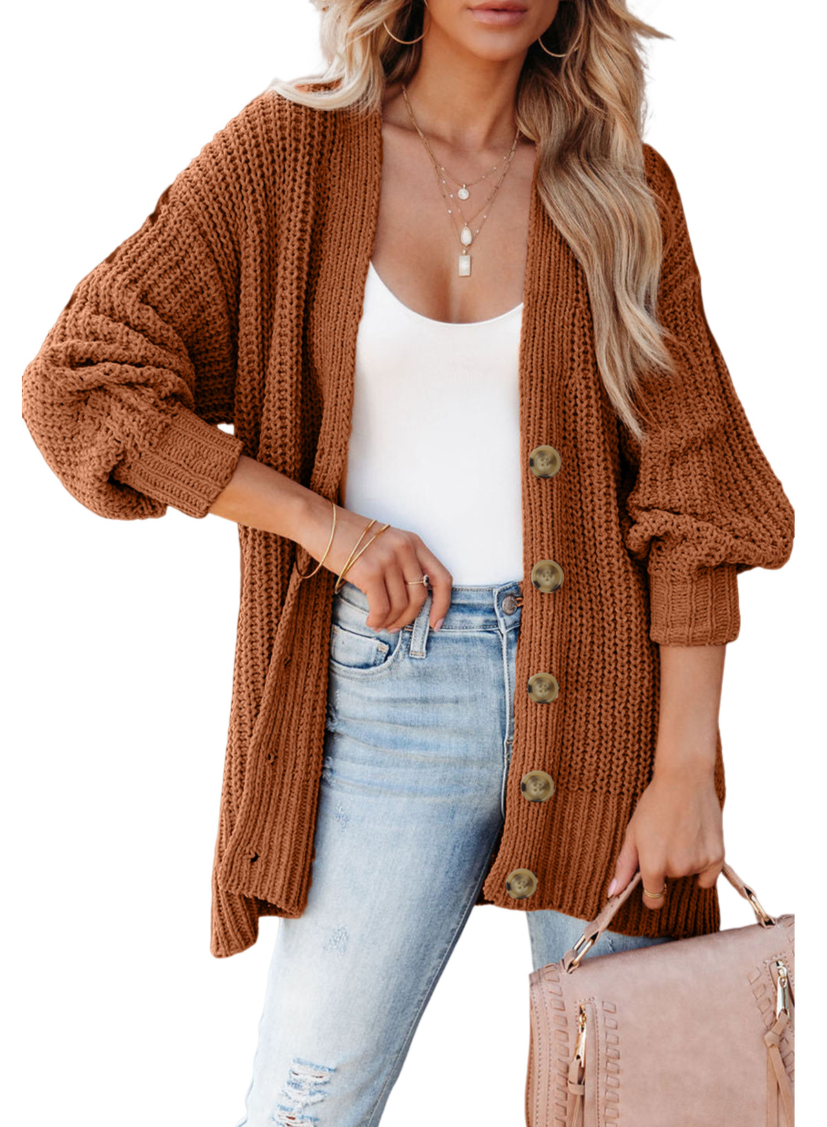 Long Sleeve Cable Knit Button Front Sweater