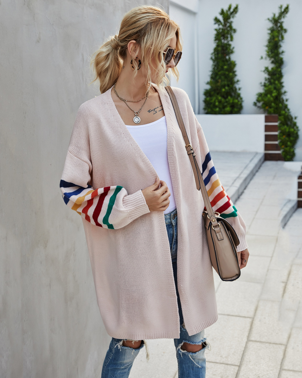 Long Stripe Knit Open Front Sweater