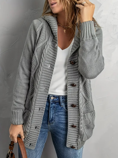 Long Sleeve Button Down Knit Hooded Sweater